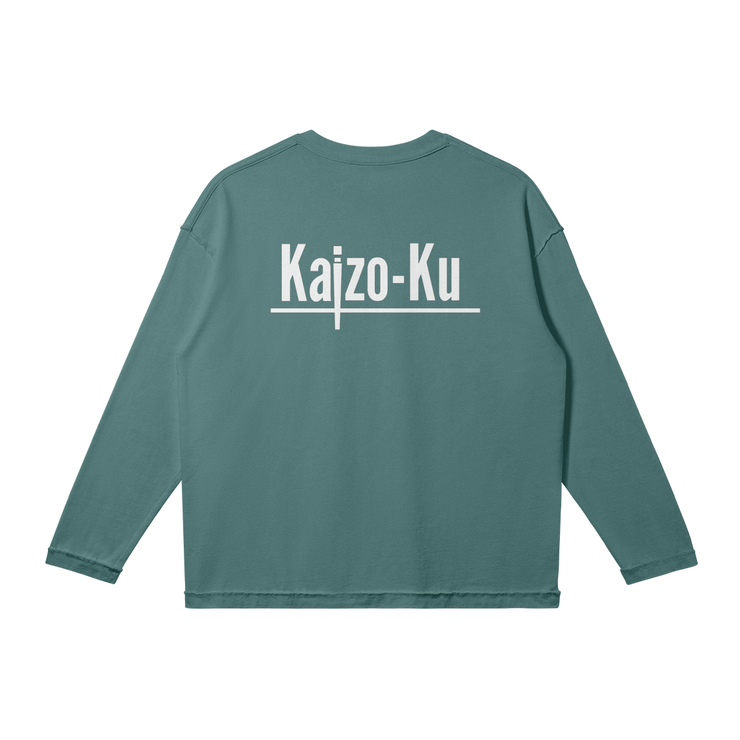 The Gray Green Long Sleeve T-Shirt, viewed from the back, showcases a relaxed, oversized fit that&