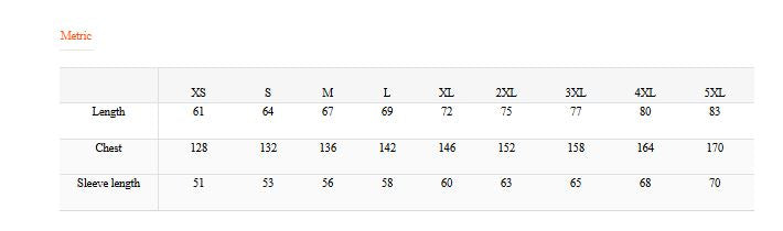 guides des tailles de la veste dante Kaizo-Ku