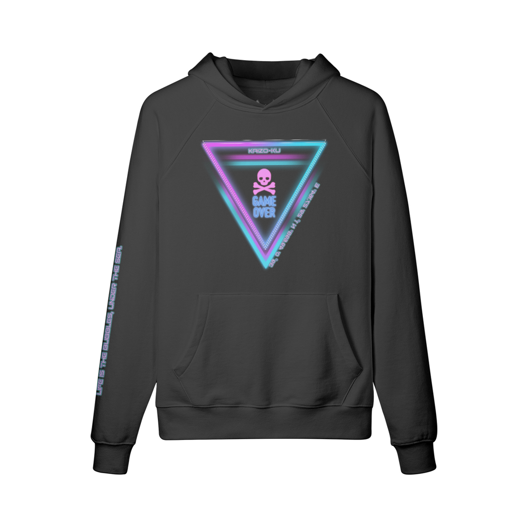 Front view of the Ibiza Hoodie features neon triangle motifs and a skull design, channeling Ibiza's vibrant nightlife.