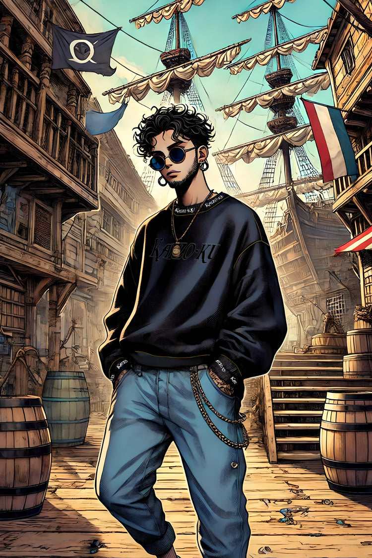 Kaizo-Ku Bounty Legacy Sweatshirt styled in a pirate-themed setting, showcasing bold streetwear vibes.