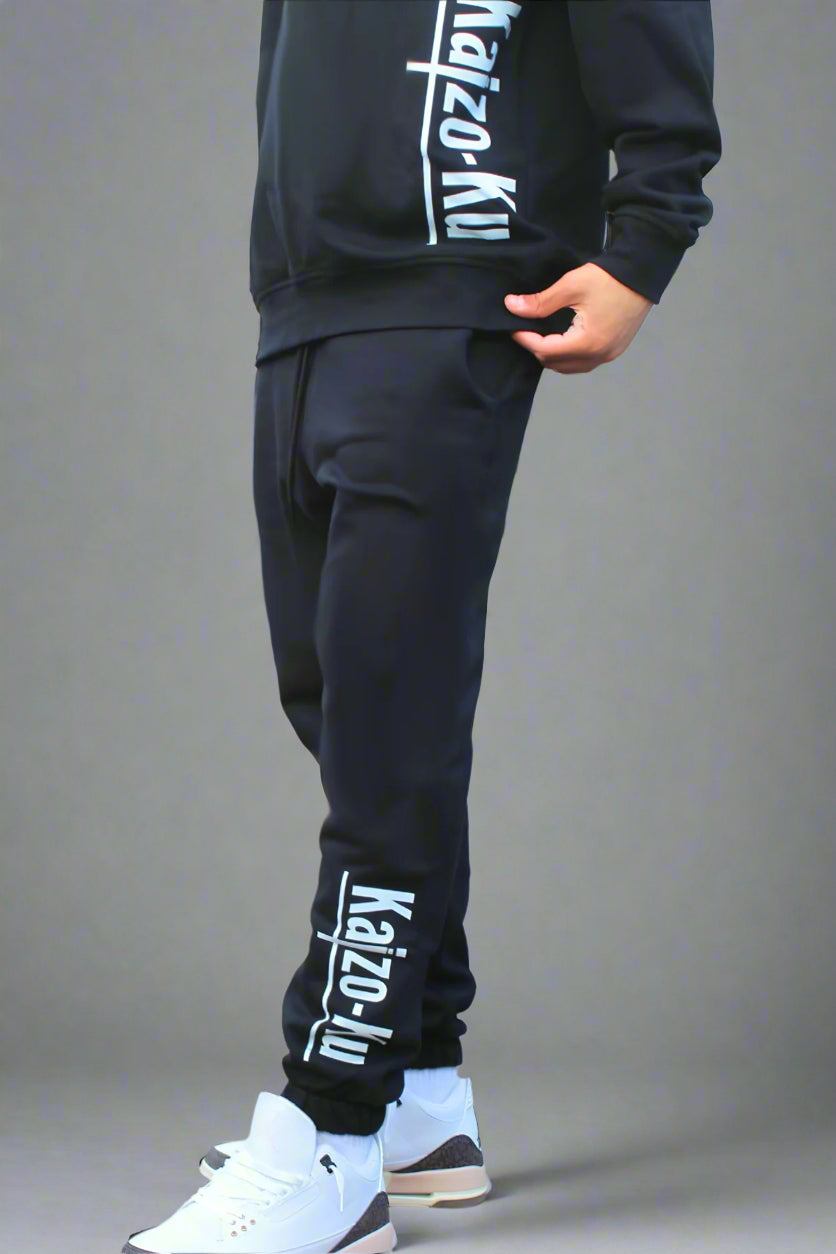 Angled close-up of the Kaizo-Ku black jogger, highlighting its sleek design, comfortable fit, and practical side pockets