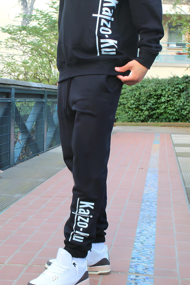 Angled close-up of the Kaizo-Ku black jogger, highlighting its sleek design, comfortable fit, and practical side pockets