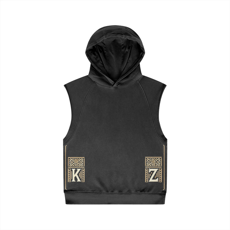 Front view of the Kaizo-Ku Atlas Lion Hooded Tank Top in black, showcasing its stylish design and comfortable fit.