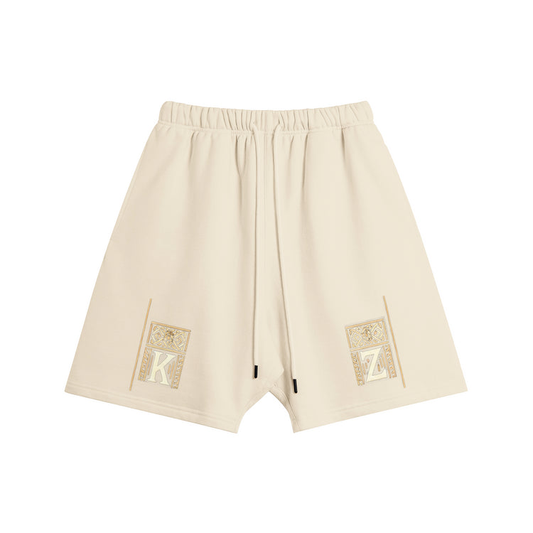 Front view of the Kaizo-Ku Oversized Moroccan-Inspired Shorts in beige, adorned with beautiful Moroccan-inspired patterns.