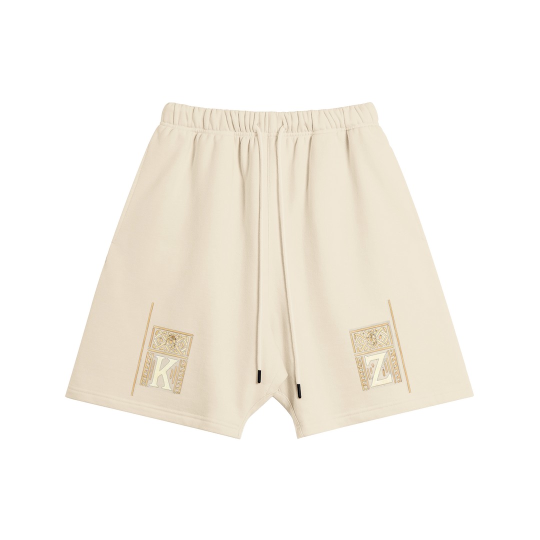 Front view of the Kaizo-Ku Oversized Moroccan-Inspired Shorts in beige, adorned with beautiful Moroccan-inspired patterns.