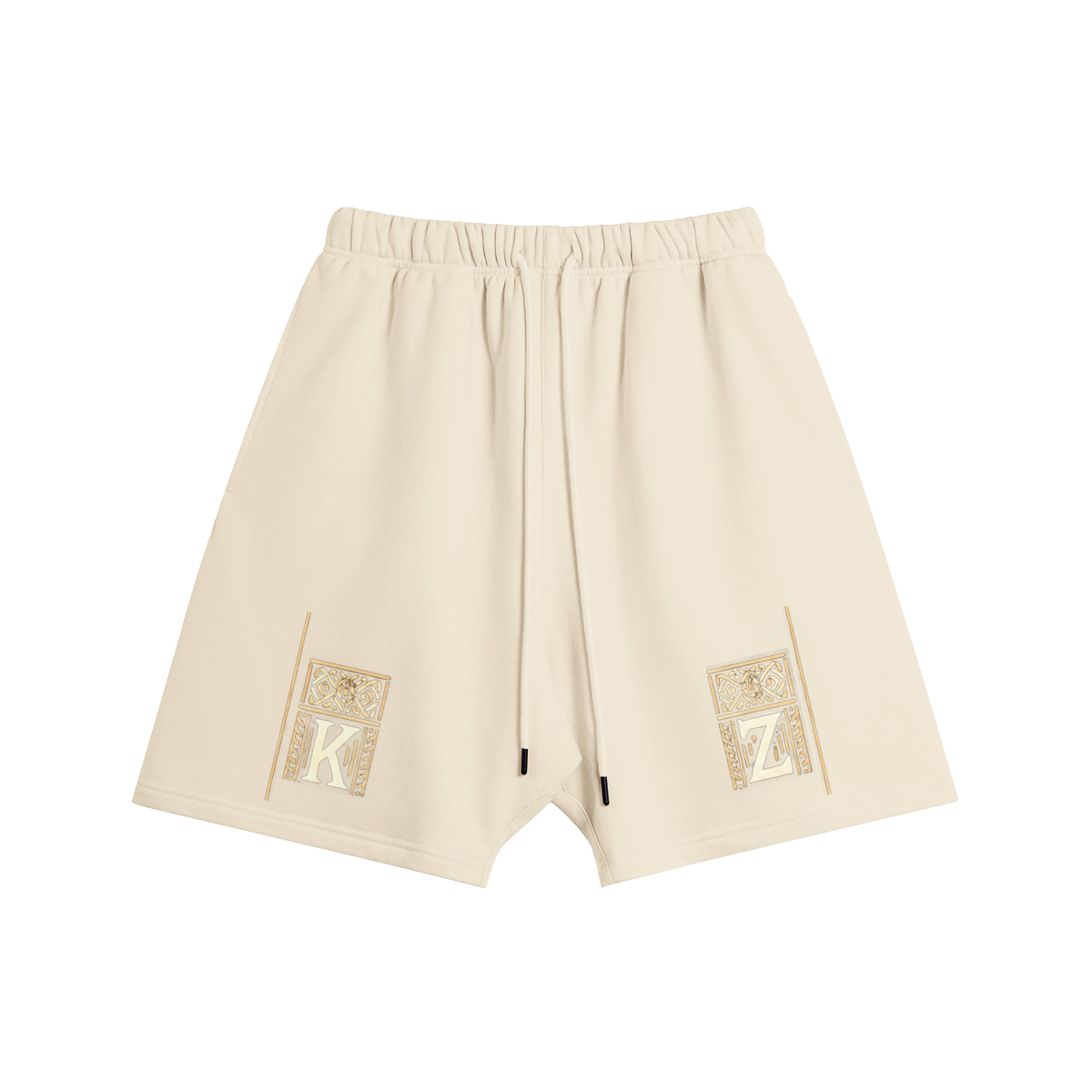 Front view of the Kaizo-Ku Oversized Moroccan-Inspired Shorts in beige, adorned with beautiful Moroccan-inspired patterns.