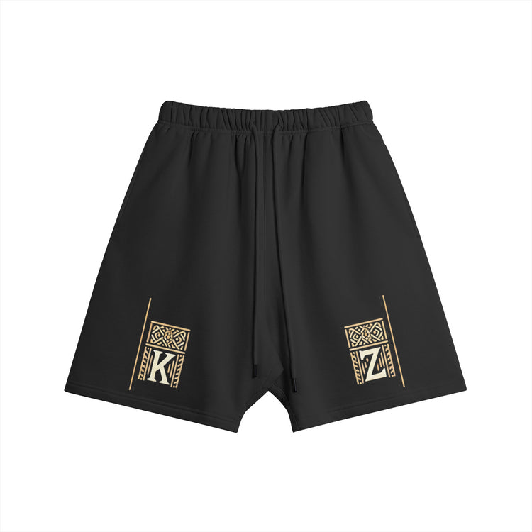 Front view of the Kaizo-Ku Oversized Moroccan-Inspired Shorts in black, merging streetwear with cultural elegance.