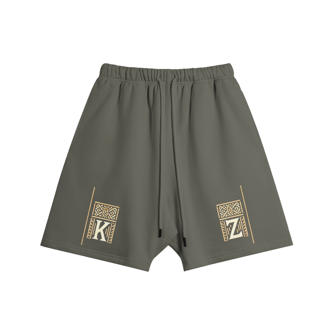 Front view of the Kaizo-Ku Oversized Moroccan-Inspired Shorts in dark grey, featuring traditional Moroccan motifs.