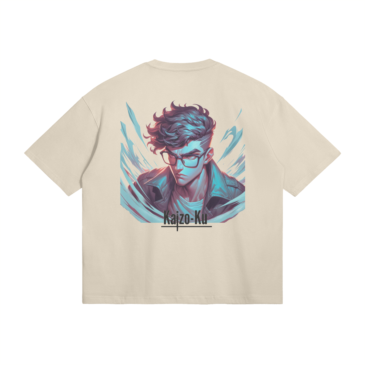 Back view of the Kitano x Kaizo-Ku beige t-shirt, showcasing intricate artwork that represents Kitano's dynamic gaming persona, ideal for both gaming and casual wear.