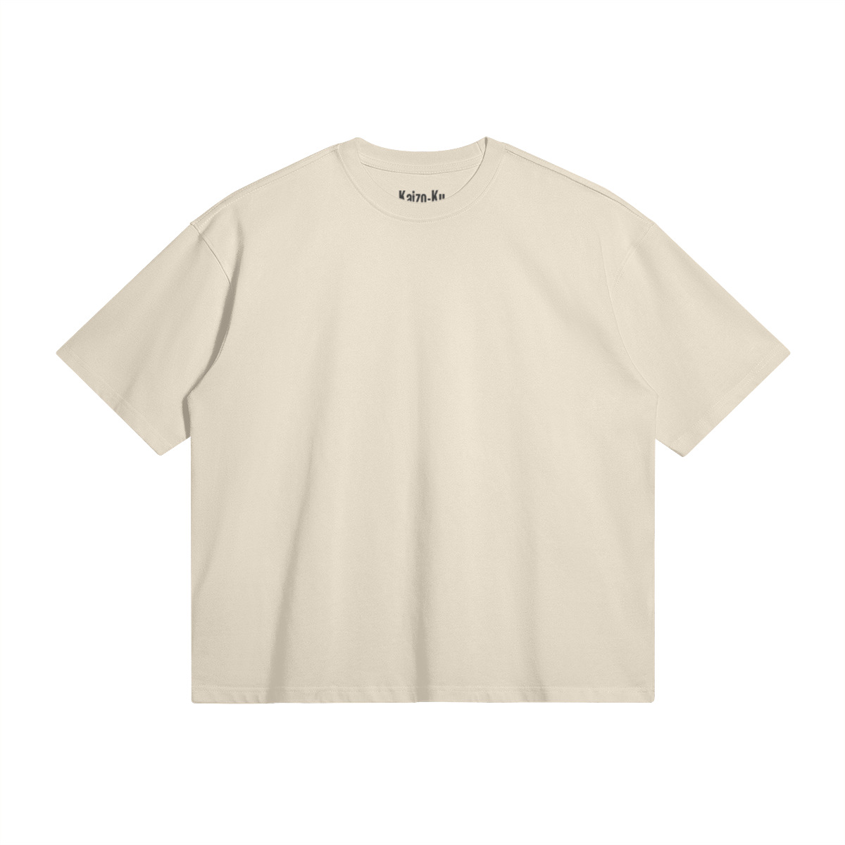 Front view of the Kitano x Kaizo-Ku beige t-shirt, featuring a clean design with the Kaizo-Ku logo, merging comfort and style for everyday use.