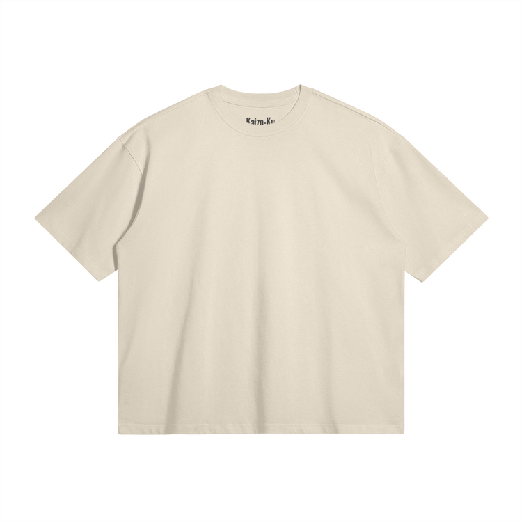 Front view of the Kitano x Kaizo-Ku beige t-shirt, featuring a clean design with the Kaizo-Ku logo, merging comfort and style for everyday use.