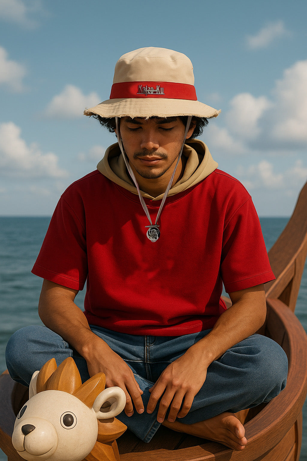 un modele qui porte le chapeau de luffy le pirate de one piece version streetwear designed by kaizo-ku