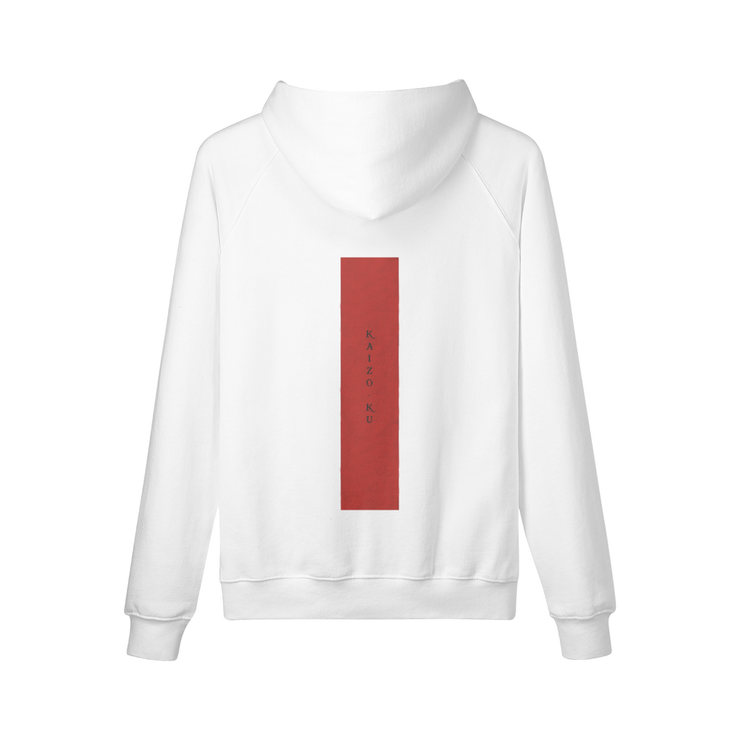 Back view of the Monaco Oversized Hoodie, highlighting its sleek design with 'Kaizo-ku' subtly incorporated within the red stripe, topped with an inspirational quote for a touch of sophistication.