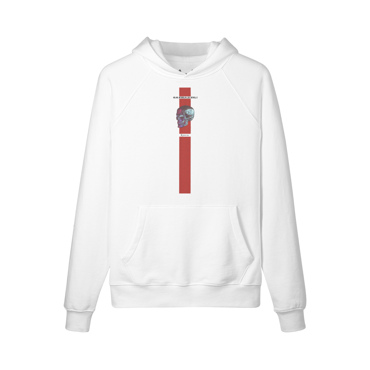 Front view of the Monaco Oversized Hoodie in pristine white, featuring a bold red stripe and a minimalist skull design, embodying casual elegance.