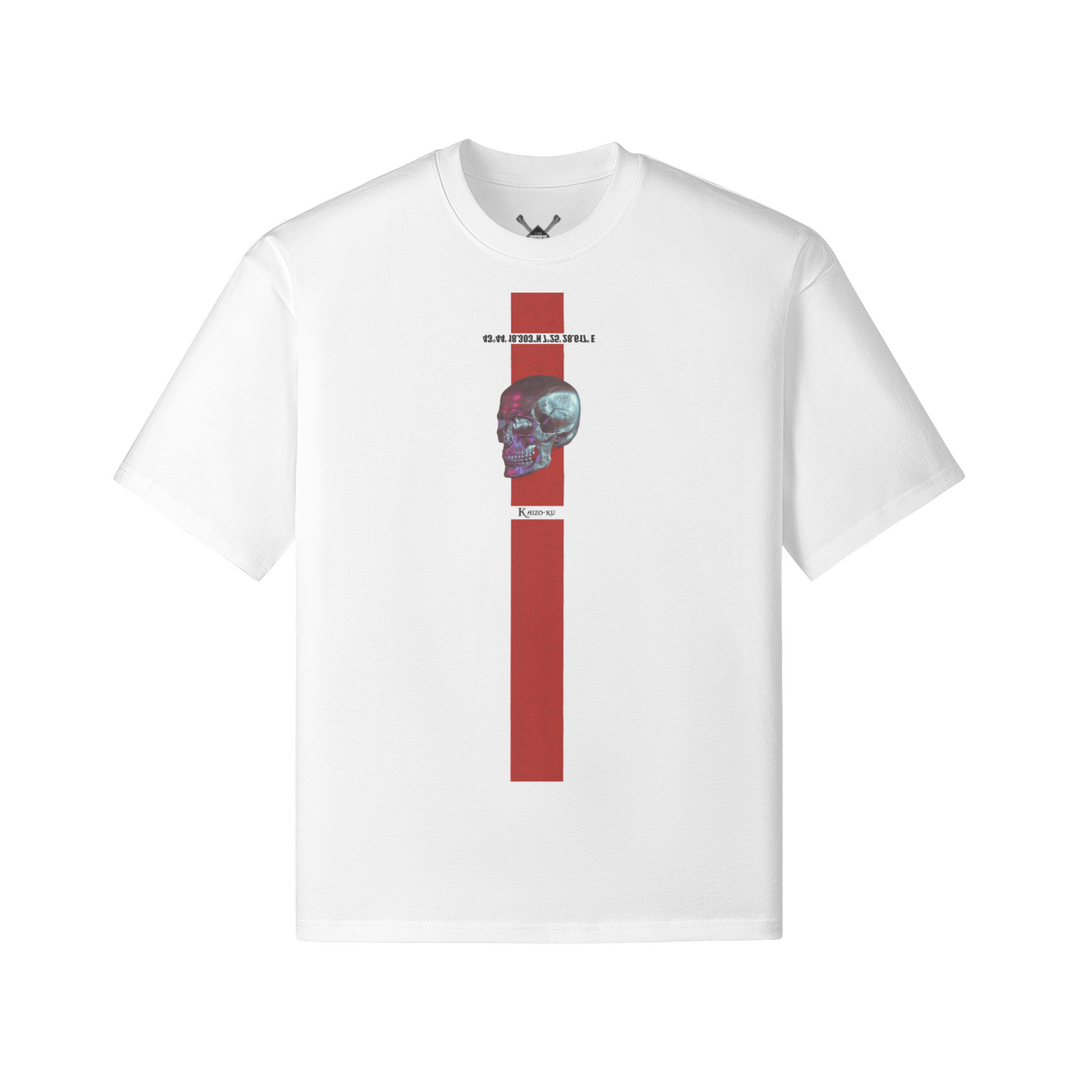 Front view of the Monaco Inspired T-shirt, showcasing the skull design and red line.