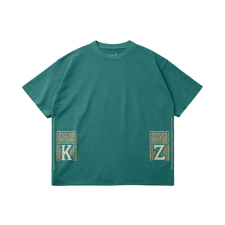 Front view of the Moroccan Sunset Oversized T-Shirt in green, featuring minimalistic design perfect for casual streetwear.