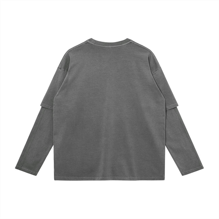 Back view of the Kaizo-Ku oversized 2-in-1 t-shirt in Bright Grey. Relaxed fit with a clean and minimal design, ideal for urban streetwear enthusiasts.