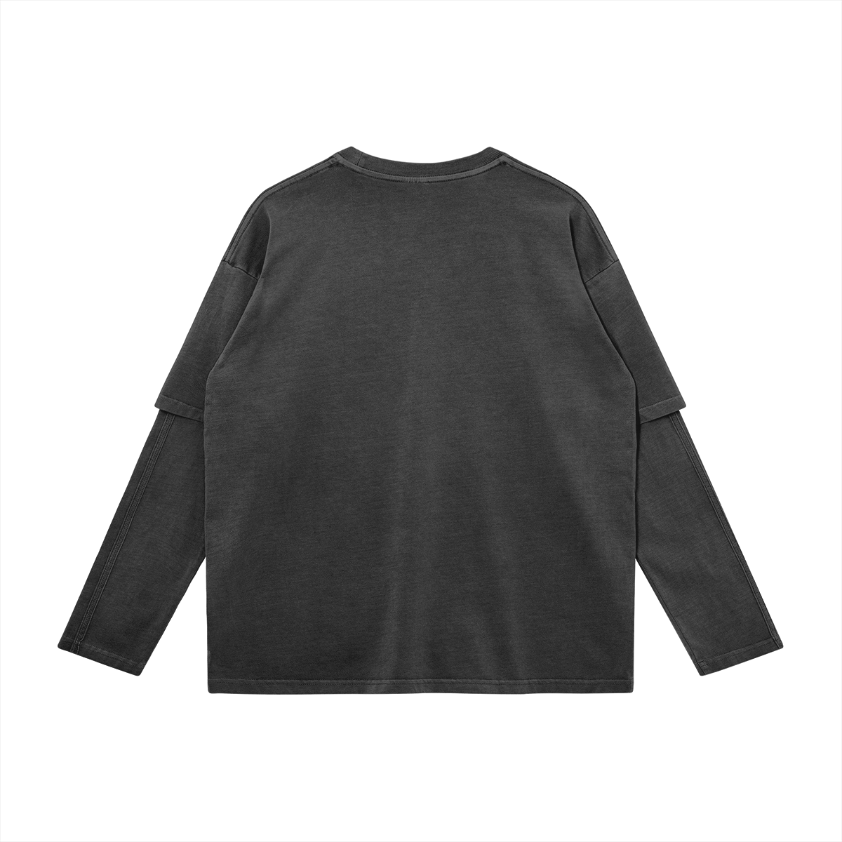 Back view of the Kaizo-Ku oversized 2-in-1 t-shirt in Dark Grey. Relaxed fit with a clean and minimal design, ideal for urban streetwear enthusiasts.