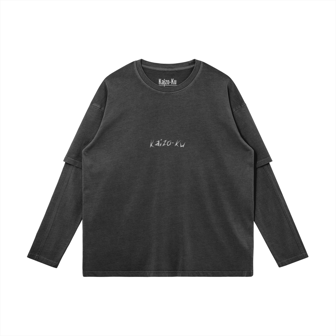 Front view of the oversized 2-in-1 t-shirt from Kaizo-Ku in Dark Grey, featuring a subtle embroidered "Kaizo-Ku" logo centered on the chest. Minimalistic design with a double-layered sleeve effect for a modern streetwear look.