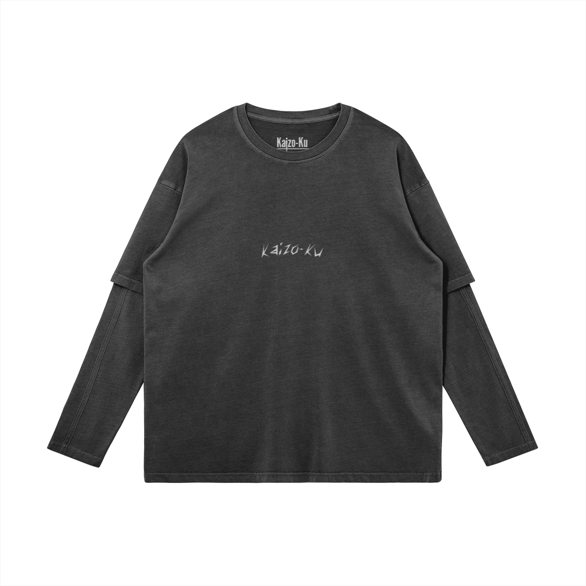 Front view of the oversized 2-in-1 t-shirt from Kaizo-Ku in Dark Grey, featuring a subtle embroidered "Kaizo-Ku" logo centered on the chest. Minimalistic design with a double-layered sleeve effect for a modern streetwear look.