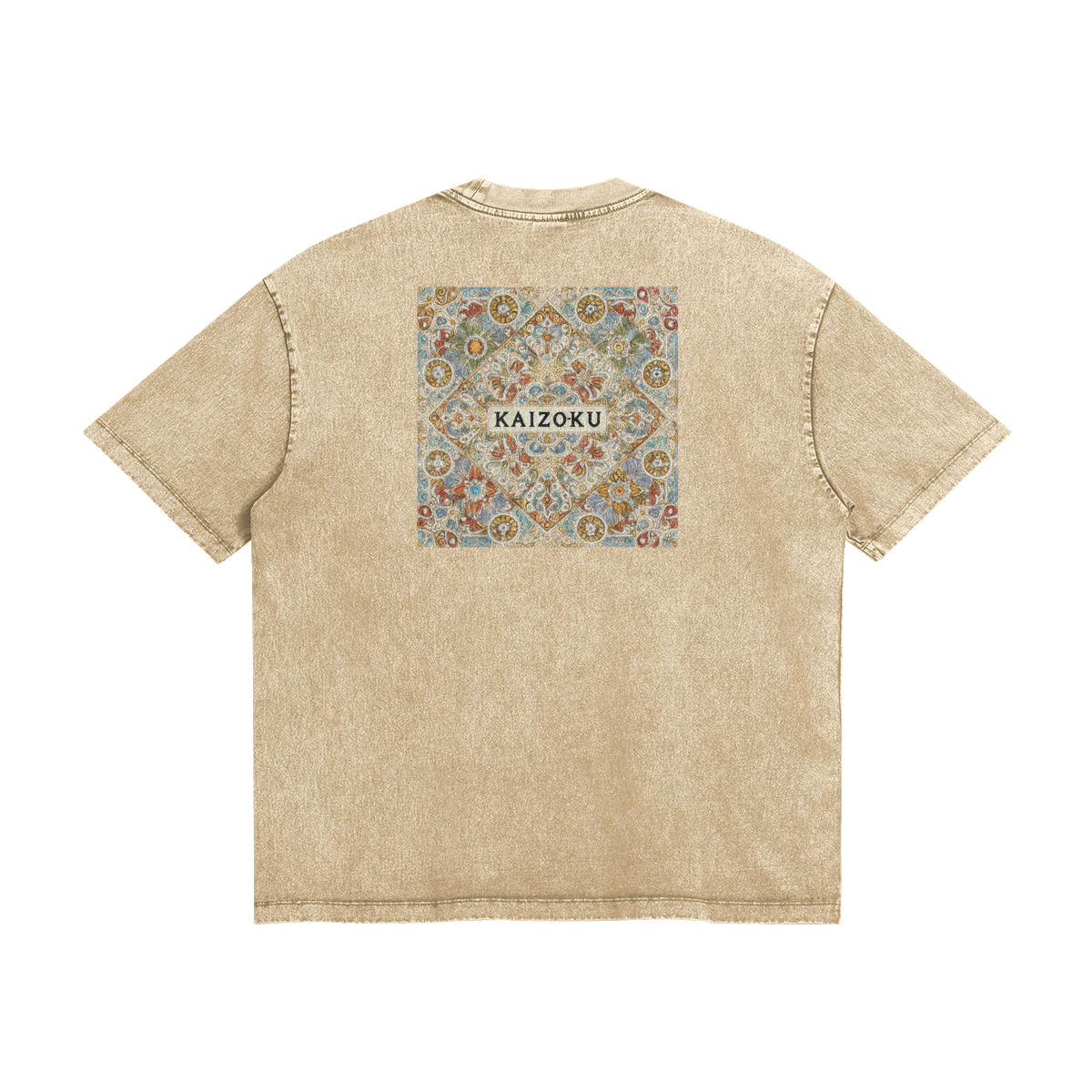 Back view of the Oversized Beige Argile Zellige Motif T-shirt featuring unique Zellige motifs, embodying the spirit of Moroccan culture and urban streetwear.