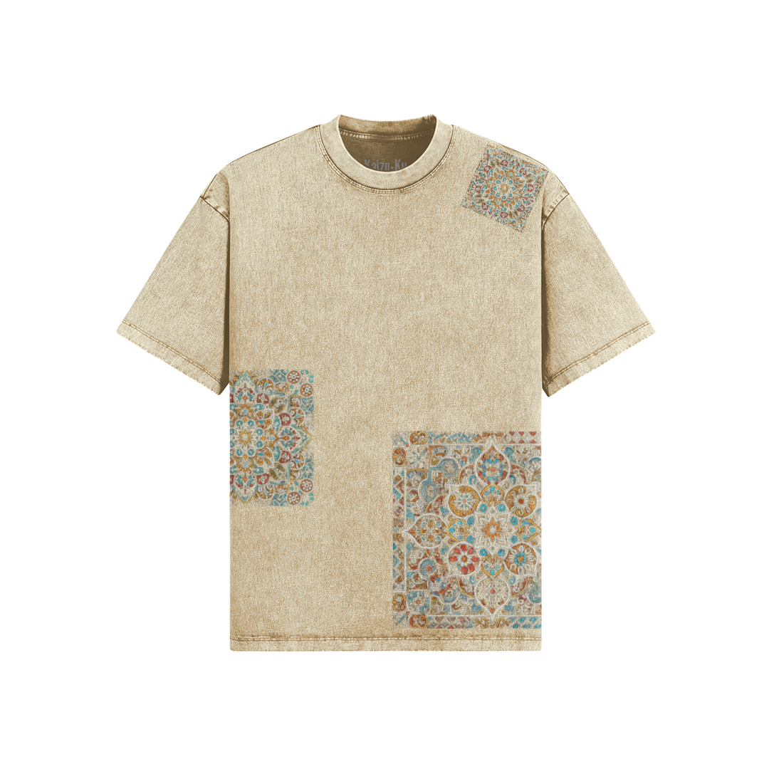 Front view of the Oversized Beige Argile Zellige Motif T-shirt showcasing intricate Moroccan Zellige patterns, perfect for summer streetwear style.  Image Title: