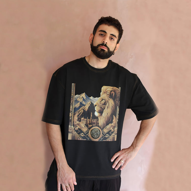 The front of the oversized t-shirt showcasing a detailed Atlas lion print with Moroccan patterns, capturing the essence of Moroccan craftsmanship.