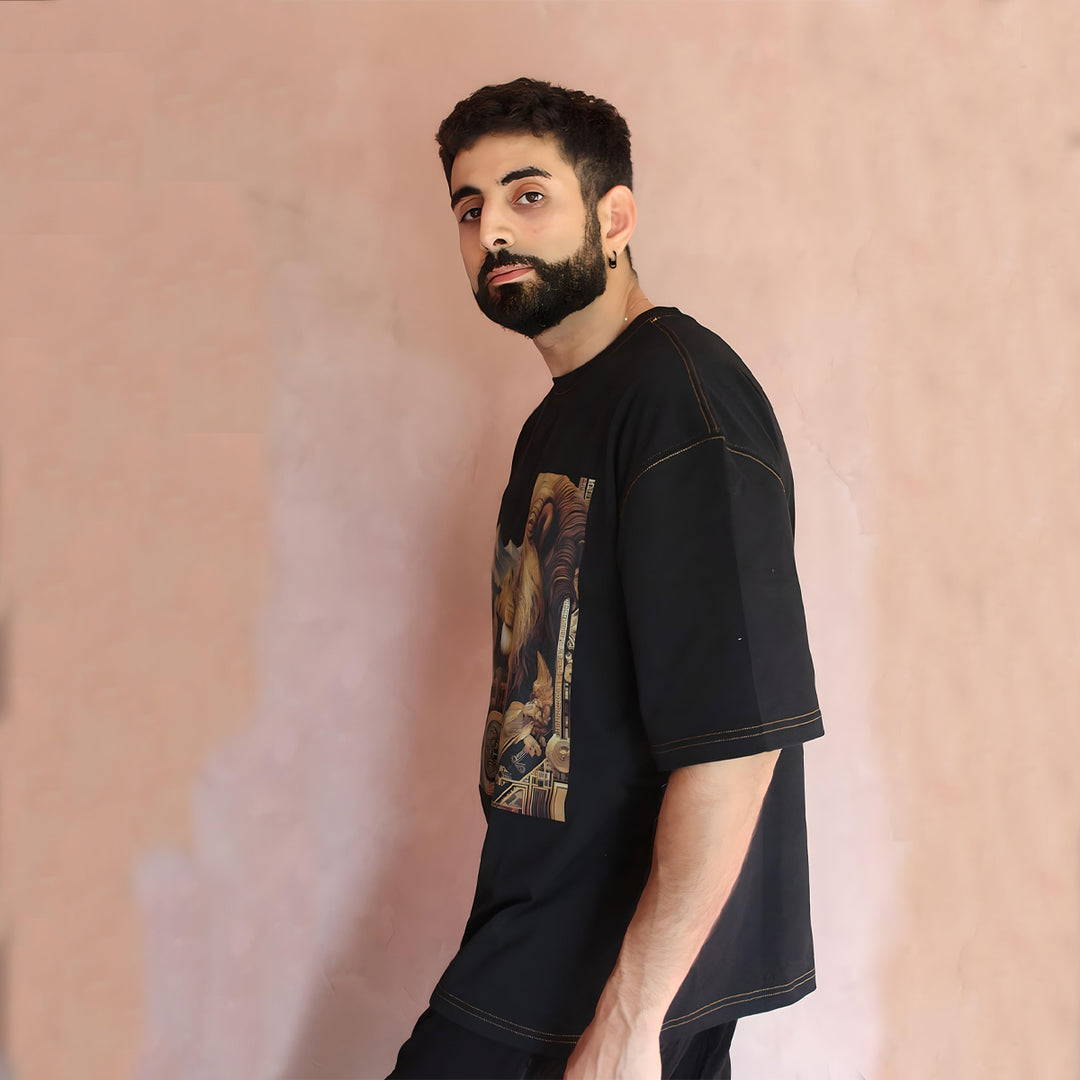 Side profile of the oversized t-shirt, emphasizing the unique blend of streetwear and traditional Moroccan motifs.