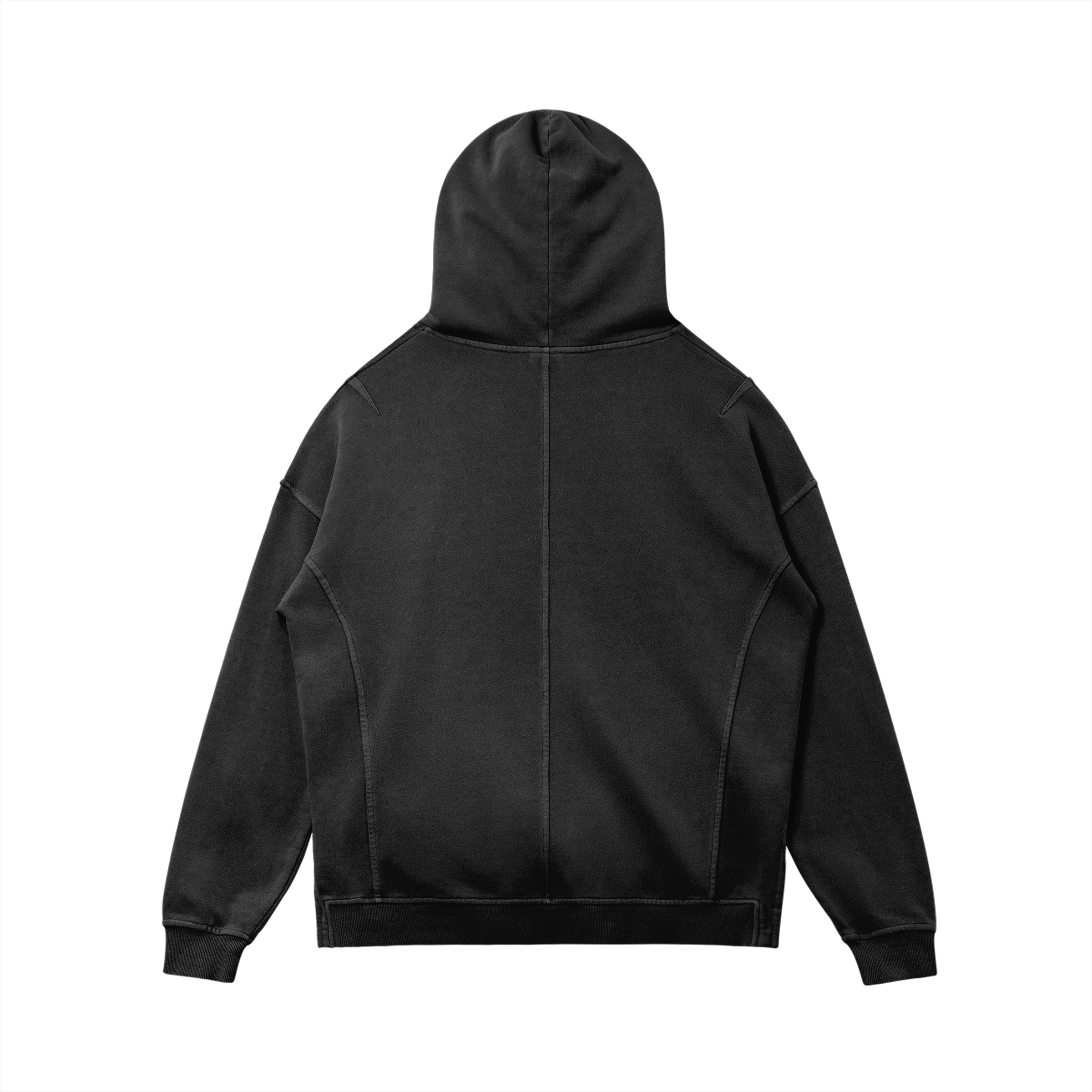 Back view of the oversized Kaizo-Ku hoodie in Black. Clean and minimalistic design with a relaxed, oversized fit.