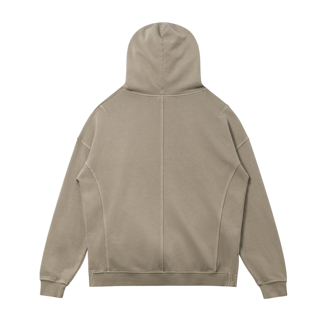 Back view of the Kaizo-Ku oversized hoodie in Khaki. The oversized fit and clean design make this a versatile piece for any streetwear wardrobe.