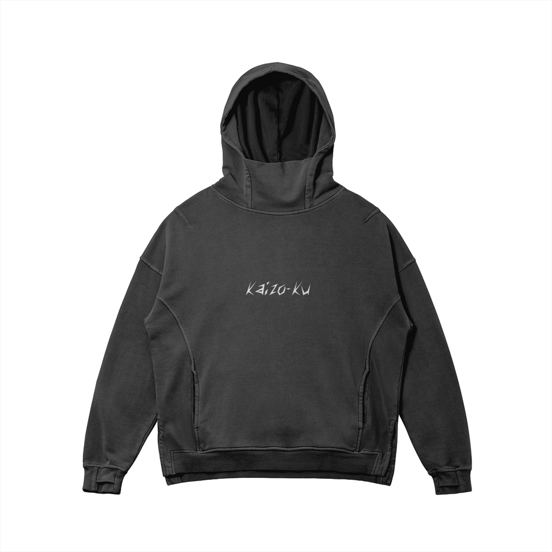 Front view of the Kaizo-Ku oversized hoodie in Black, featuring the embroidered "Kaizo-Ku" logo on the chest. Oversized fit for a relaxed streetwear vibe.