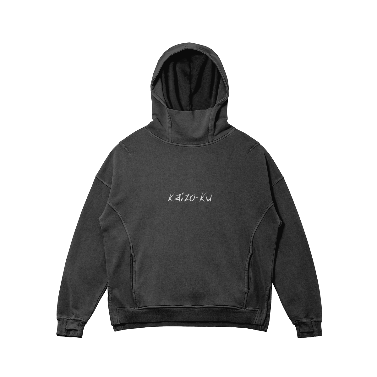 Front view of the Kaizo-Ku oversized hoodie in Black, featuring the embroidered "Kaizo-Ku" logo on the chest. Oversized fit for a relaxed streetwear vibe.