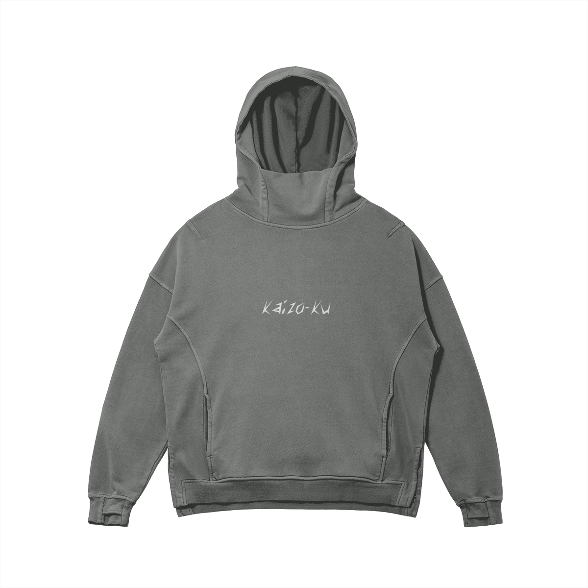 Flat front view of the Kaizo-Ku oversized hoodie in Grey. Minimalistic design with an embroidered logo and practical turtle neck hood.