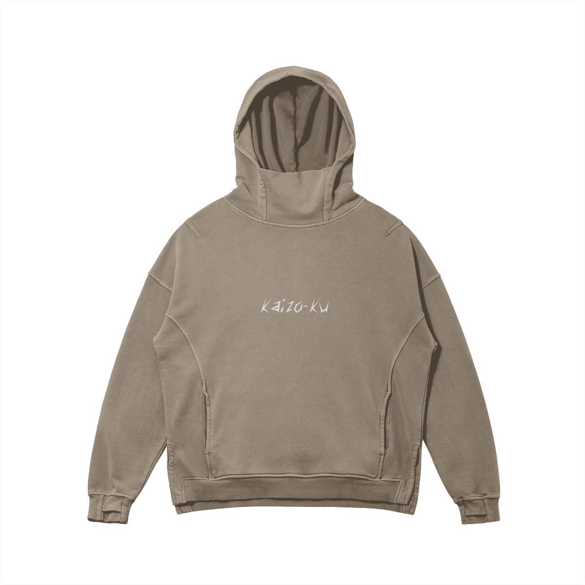 Flat front view of the Kaizo-Ku oversized hoodie in Khaki. Features a turtle neck hood, embroidered logo, and a split hem for better movement.