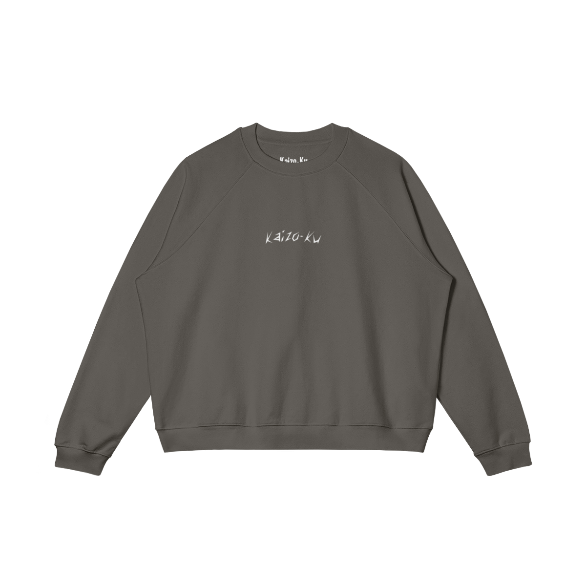 Front view of the oversized sweatshirt from Kaizo-Ku in Charcoal Grey, featuring a clean and minimal embroidered "Kaizo-Ku" logo for a refined streetwear aesthetic.