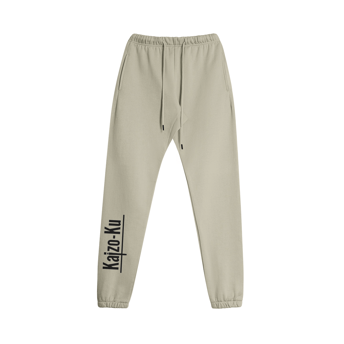 Flat front view of the Kaizo-Ku oversized jogger in khaki. Features a relaxed fit with side pockets and an adjustable waistband for ultimate comfort.