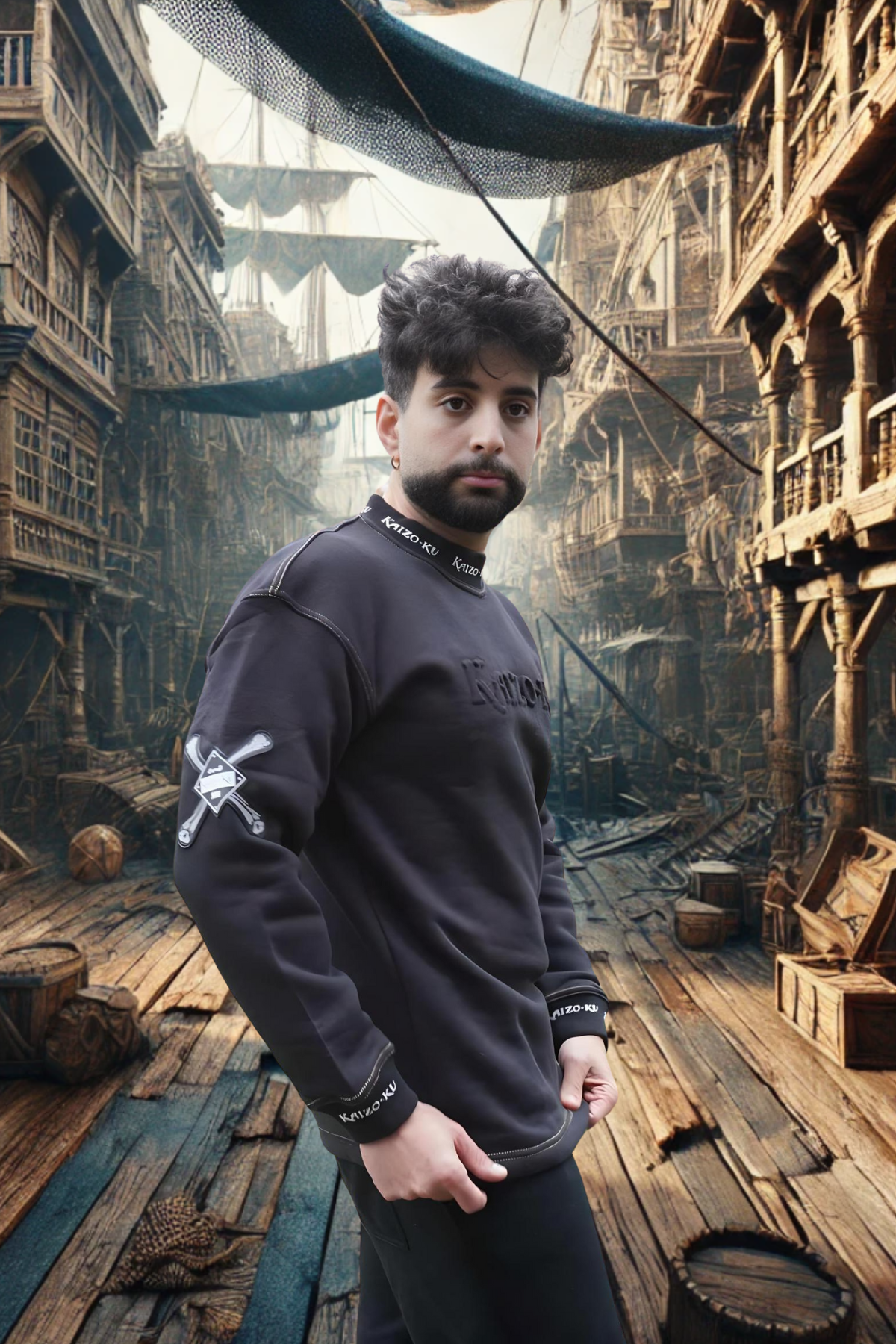 Right side view of Kaizo-Ku’s Bounty Legacy Sweatshirt styled for streetwear, featuring bold pirate-inspired details.