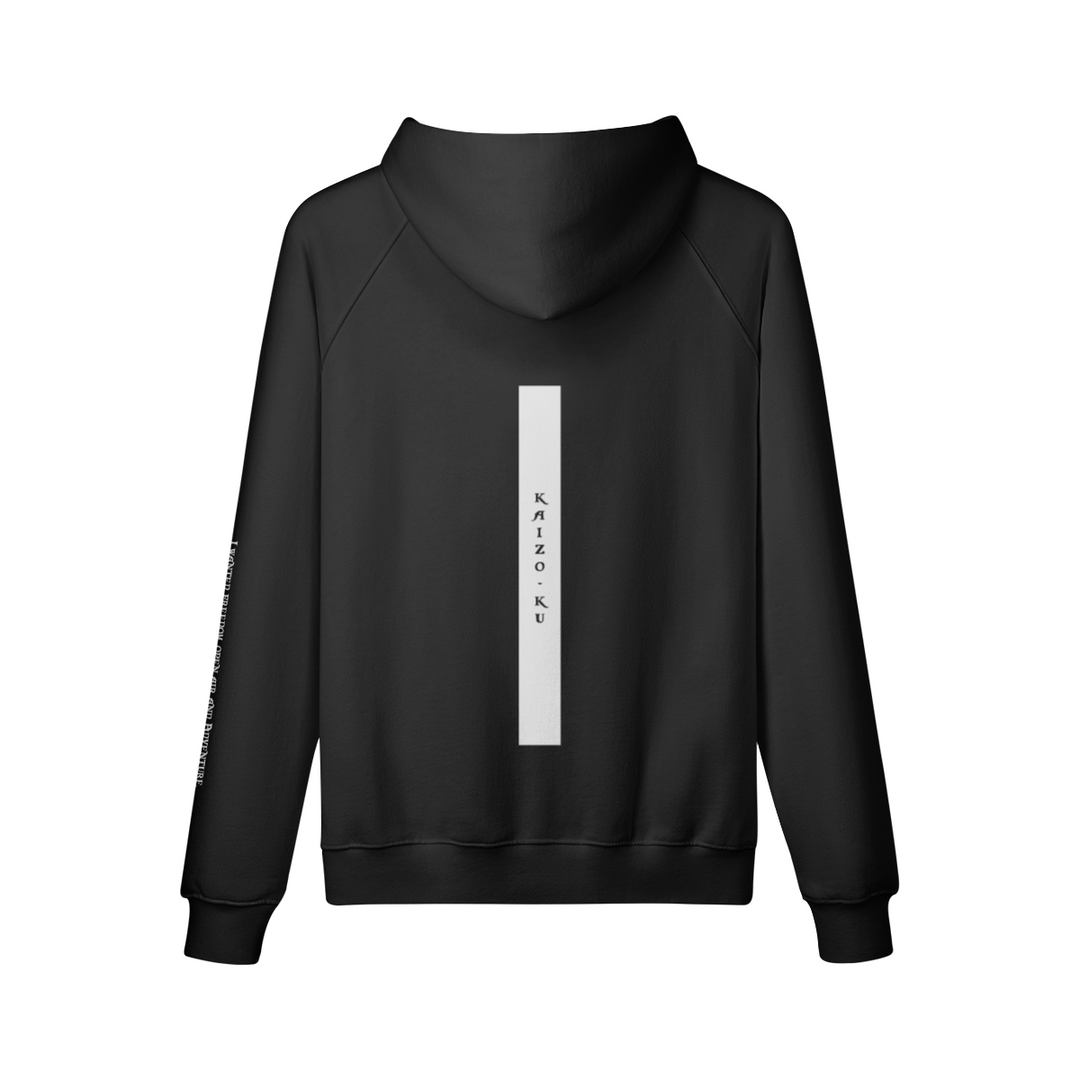 The back showcases a vertical black stripe with 'Kaizo-ku' branding, enhancing the hoodie's oversized appeal with a sleek design.