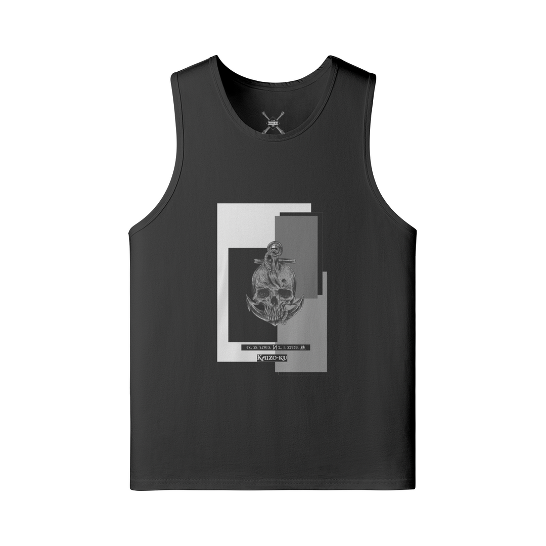 Front view of the Saint Malo Tank Top, showcasing the compelling skull-and-anchor motif against an oversized black canvas.