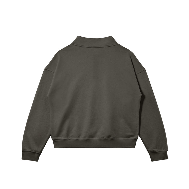 Back view of the oversized Kaizo-Ku zip collar sweater in Grey. Relaxed fit with a modern, street-ready style.