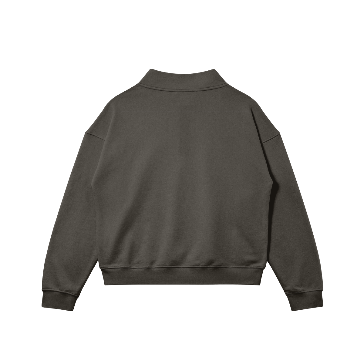 Back view of the oversized Kaizo-Ku zip collar sweater in Grey. Relaxed fit with a modern, street-ready style.