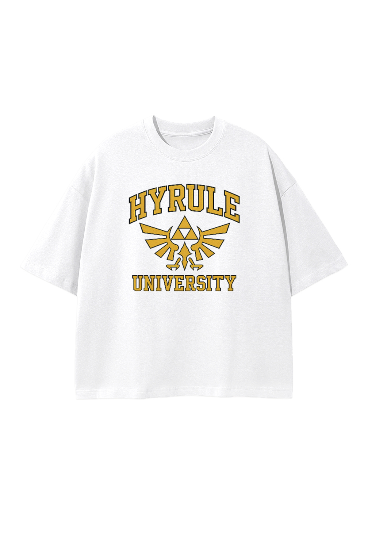 T-shirt blanc Zelda Hyrule University, logo doré Triforce, vêtement streetwear artisanal geek.
