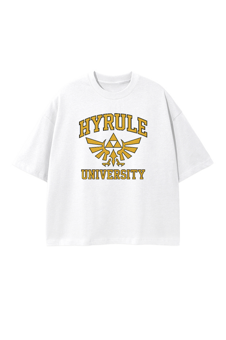 T-shirt blanc Zelda Hyrule University, logo doré Triforce, vêtement streetwear artisanal geek.