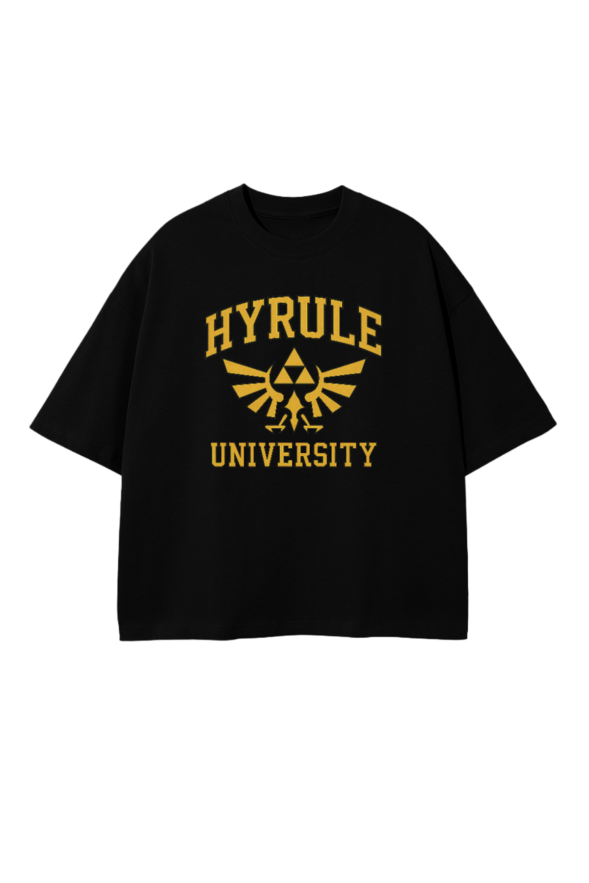 -shirt noir Zelda Hyrule University, logo Triforce dorée, streetwear geek Kaizo-Ku.