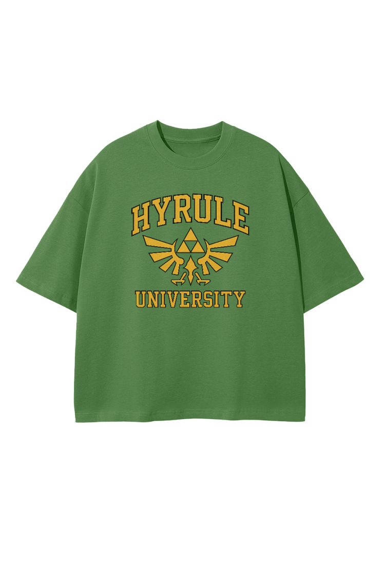 T-shirt vert Zelda Hyrule University, design Triforce dorée, vêtement geek inspiré d’Hyrule.