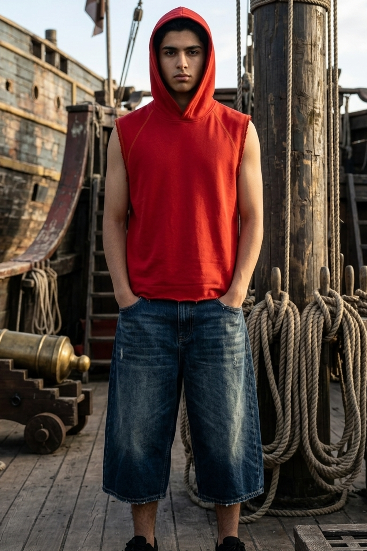 Tank top hoodie sans manches rouge – couture dorée, style streetwear Kaizo-Ku
