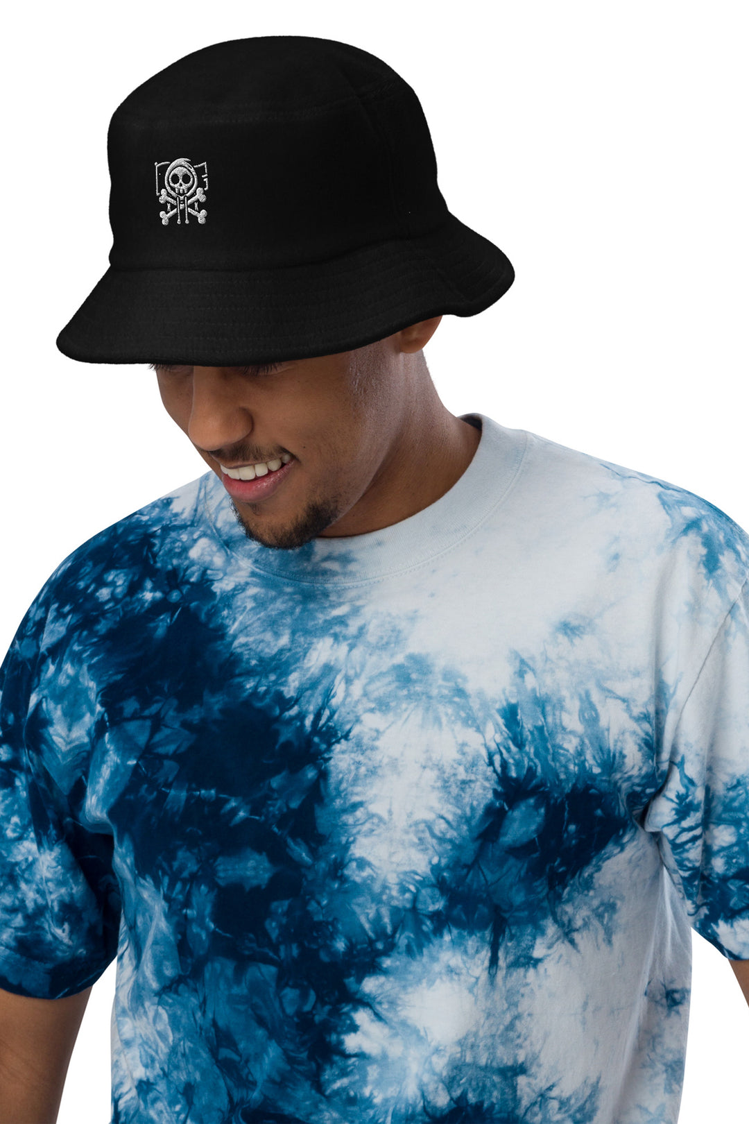 Male model wearing the Kaizo-Ku Terry Bucket Hat in 100% cotton, showcasing its soft texture and urban streetwear fit.