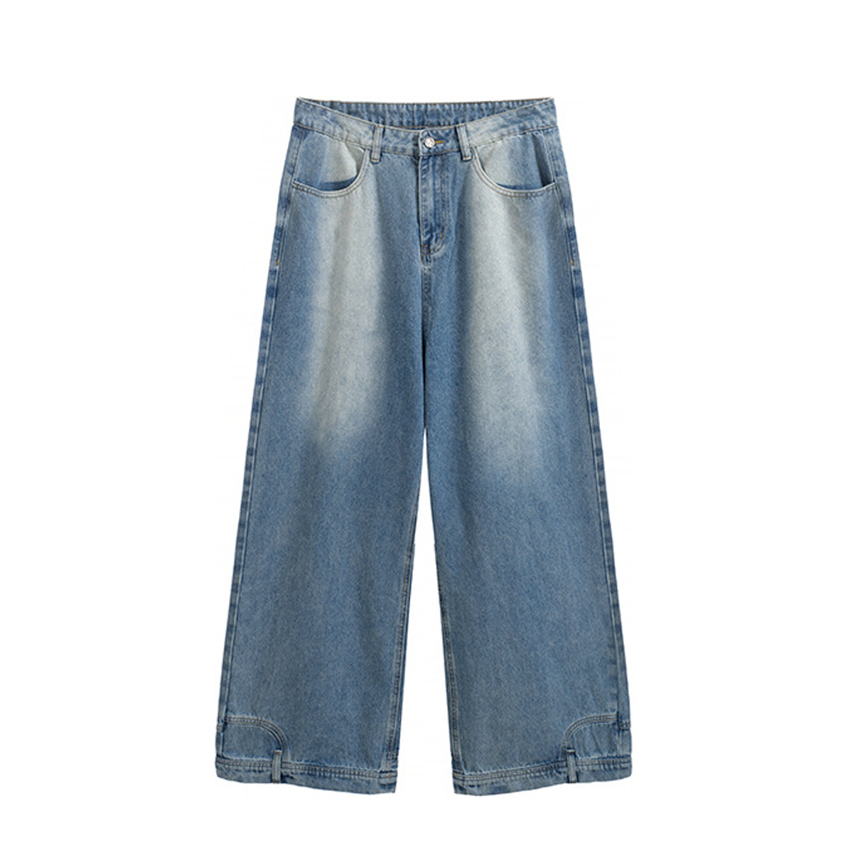 Flat front view of the Kaizo-Ku Upside Down Denim Jeans. Featuring high-quality light-wash denim with oversized, wide-leg construction, and unique upside-down details like flipped pockets.