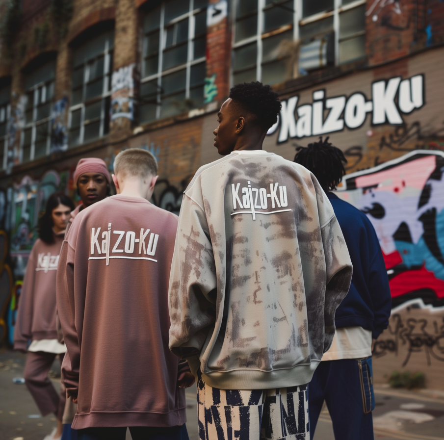 Kaizo-Ku's urban canvas comes to life in this street-scape, showcasing oversized, comfort fashion. Our wearers, framed by graffiti art, embody the fusion of street style with cultural depth, from the crossroads of vintage aesthetics to contemporary urban flair. Each piece narrates a story, where ancient symbols and modern design meet. This is not just fashion—it's wearable art for the street-savvy soul.