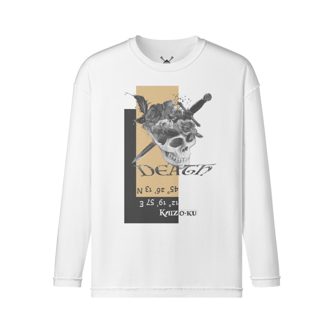 Front showcasing the Venice Long Sleeves T-shirt with its compelling dagger through a skull design, set against Venice's coordinates.